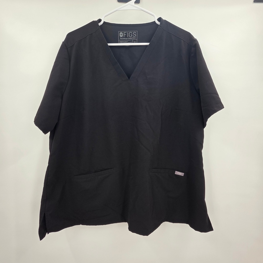 FIGS TECHNICAL COLLECTION SCRUB SHIRT WOMENS 2XL XXL BLACK TOP 2 POCKET V-NECK